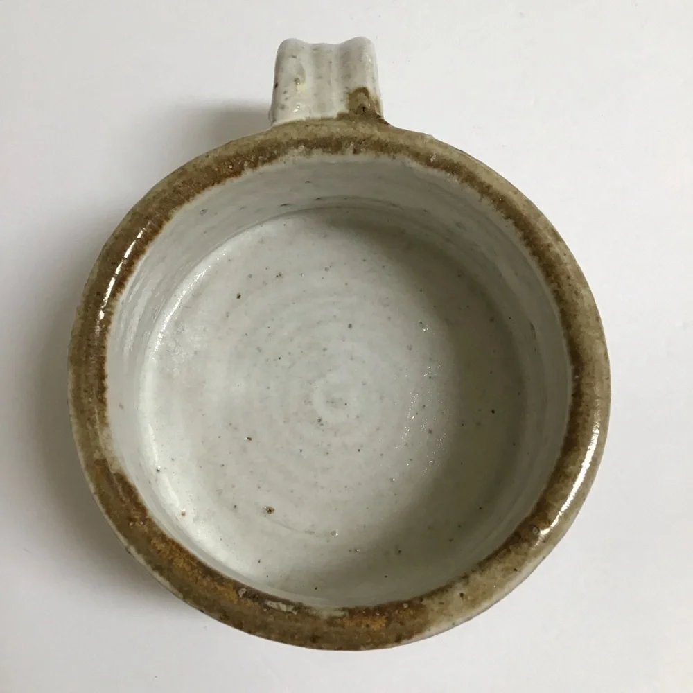 Handmade Studio Pottery Chowder Bowl Handle Natural Speckled Glaze Rustic Cabin